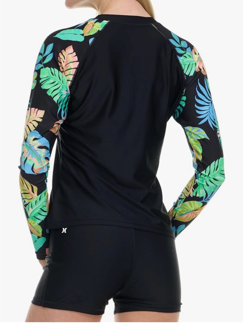 Hurley Black Rash Guard with Tropical Multicolor Floral Sleeves Size Medium - Picture 3 of 4